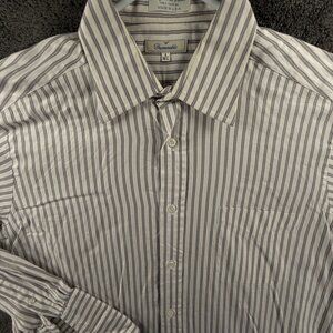 Faconnable Long Sleeve Button Up Shirt Men Cotton Striped Gray White 16.5 Large